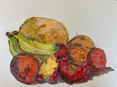 Mixed media still life painting of fruit