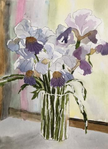 Watercolor painting of purple flowers in a vase