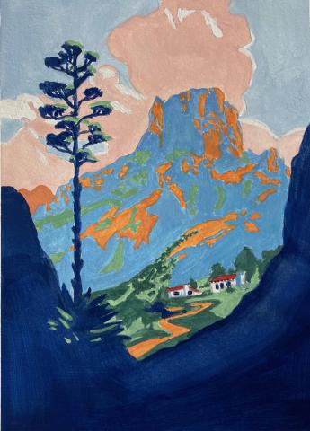 Gouache painting of a national park in blues and oranges