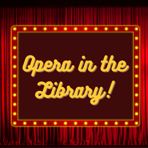 Opera in the Library in yellow text on red background