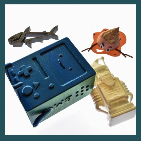 3D printed items in multiple colors and finishes