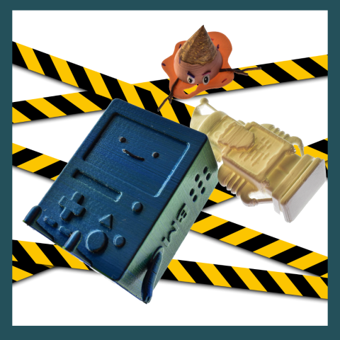 3D printed objects with "caution tape" running randomly in the background