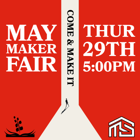 "May Maker Fair" with date and time; red space with cream "doorway" and a person walking in