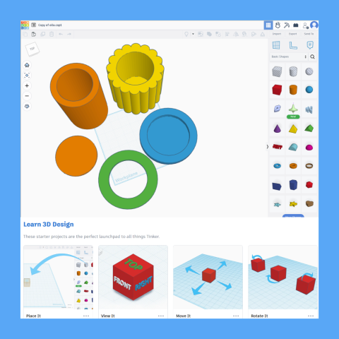 Imafe of the 3D Modeling Software "Tinkercad" at work, in the Mammen Family Public Library Makerspace