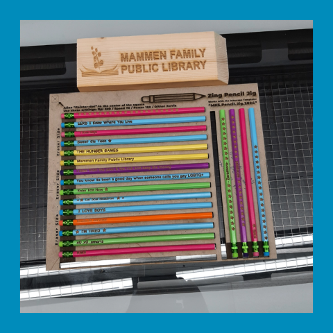 Pencils custom ingraved with the Epilog Zing laser engraver in the Makerspace at the Mammen Family Public Library