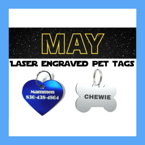 Laser Engraved Pet tags made in the Mammen Family Public Library's Makerspace