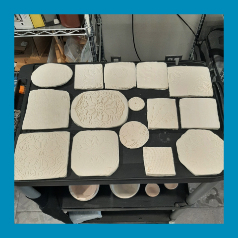 Handmade ceramic trivets made at the Mammen Family Public Library during a Makerspace Program