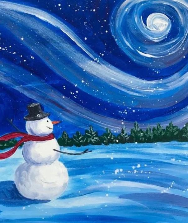 snowman at night with swirling wind and snow