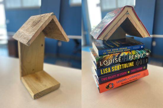 Mini wooden bookshelf on table