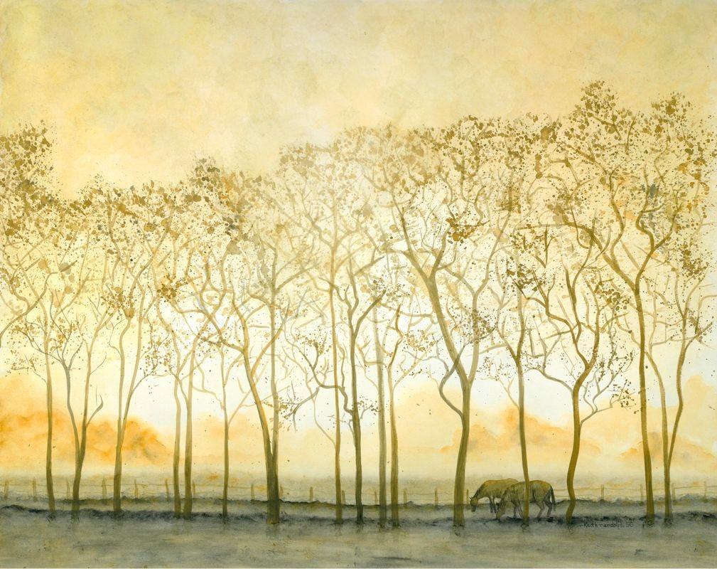 Watercolor painting of trees and horses