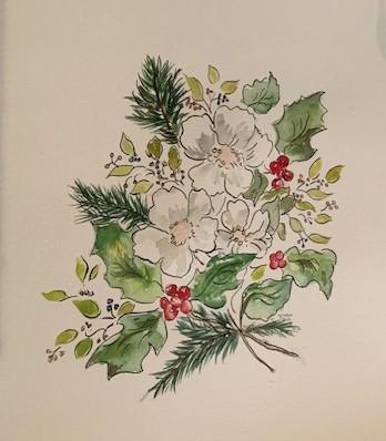 Watercolor painting of white flowers, green leaves, and red berries