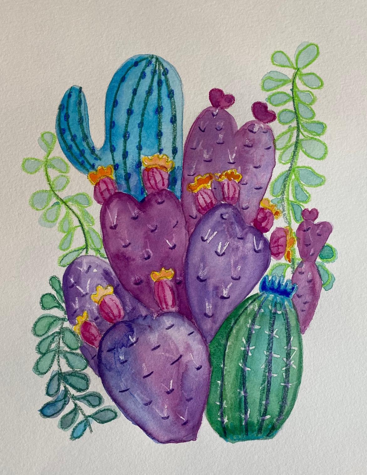 Painting of heart shaped cacti made with watercolors and crayons