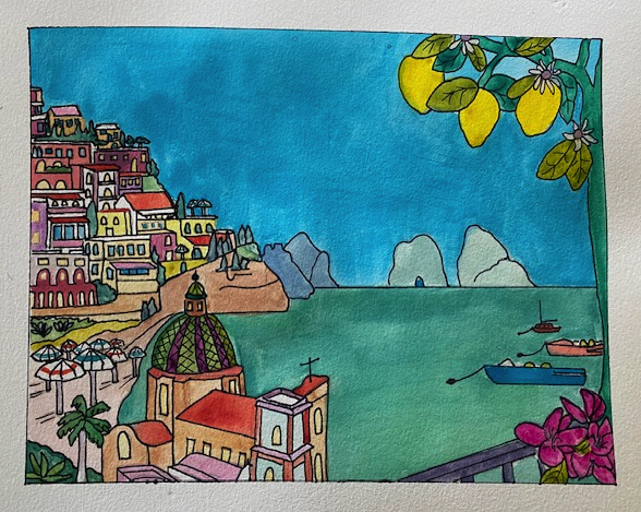 Gouache painting of the Amalfi Coast