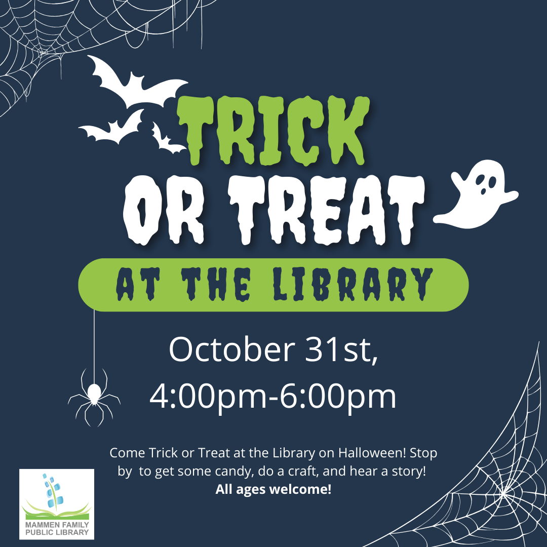 green and white text saying "trick or treat at the library" on a navy background