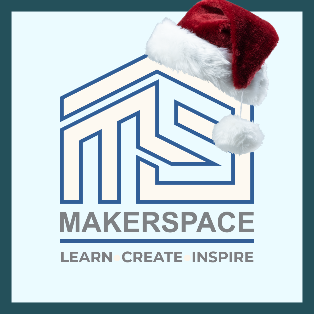 The Mammen Family Public Library's Makerspace Logo and Slogan, "dressed up" in Holiday Flair