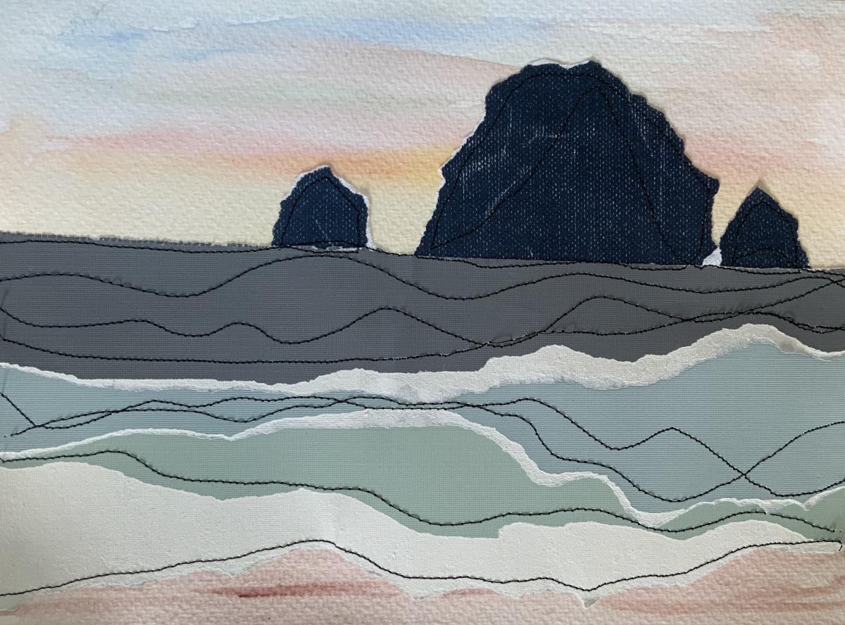 Landscape with watercolor, torn paper, and stitching