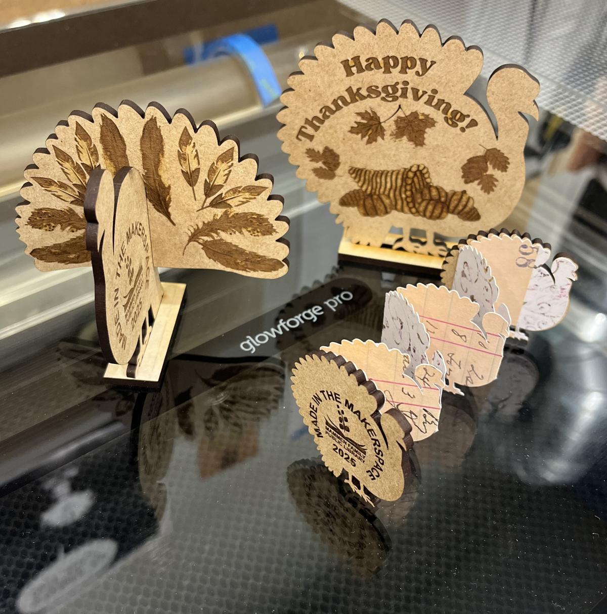 A selection of three draftboard cut turkeys with engraved designs